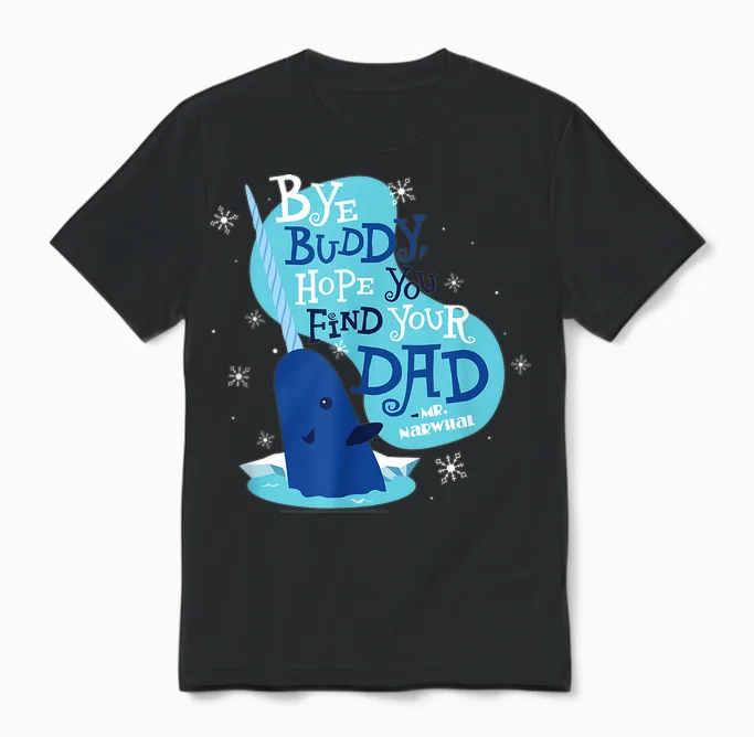 Elf Bye Buddy Narwhal Color Illustration Funny Christmas Unisex T-Shirt in Black