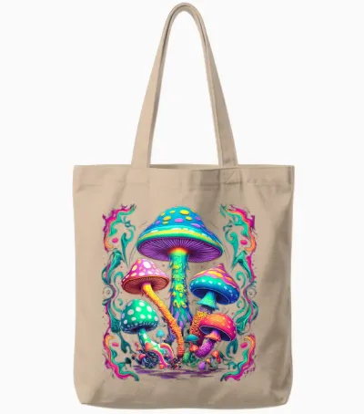 Colourful Psychedelic Mushrooms | Colour & Hippie T-Shirt, Black Tote Bags - Natural