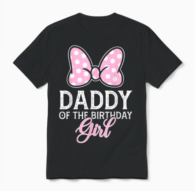 Daddy of the Birthday Girl Cute Pink Bow Family Matching Unisex T-Shirt in Black
