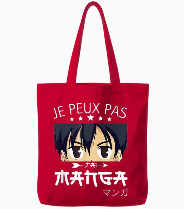 Je Peux Pas Jai Manga-Anime Humor Funny Manga T-Shirt, Black, S Tote Bags in Red
