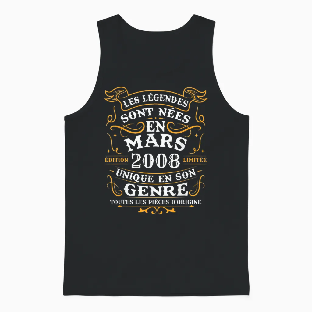 Vintage Birthday Gift 18 Years Born in March 2008 Unisex Tank Top in Black