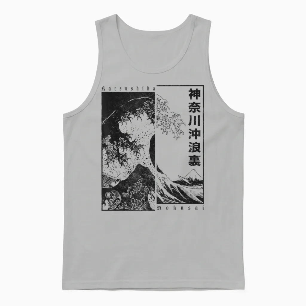 Japan Style Katsushika Hokusai the Great Wave off Kanagawa T-Shirt, White Unisex Tank Top in Ash