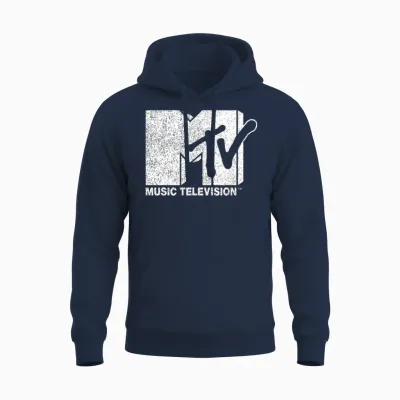 Mtv Classic Distressed Logo T-Shirt, Black Unisex Hoodie - Navy