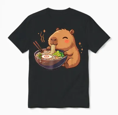 Capybara with Noodles Ramen Kawaii Capybara Unisex T-Shirt - Black