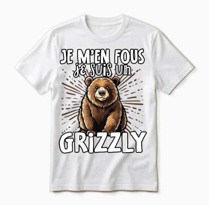 Je M'en Fous Je Suis Un Grizzly - Grizzly Cute T-Shirt, Black, S Unisex T-Shirt in White