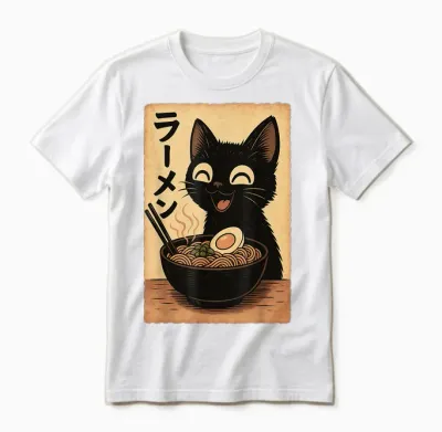 Cat Ramen - Japan Anime T-Shirt, Black, S Unisex T-Shirt - White