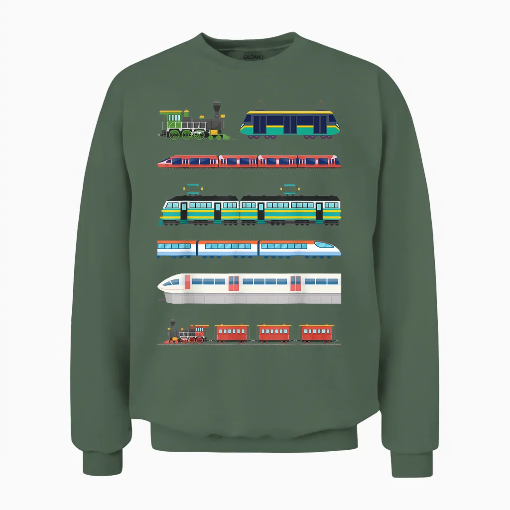 Set of Trains for Boys and Girls Train and Locomotive Lovers T-Shirt, Black Unisex Sweatshirt in Military Green