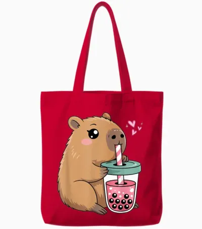 Cute Capybara Kawaii Anime Capybara Drinking Bubble Tea Love Tote Bags - Red
