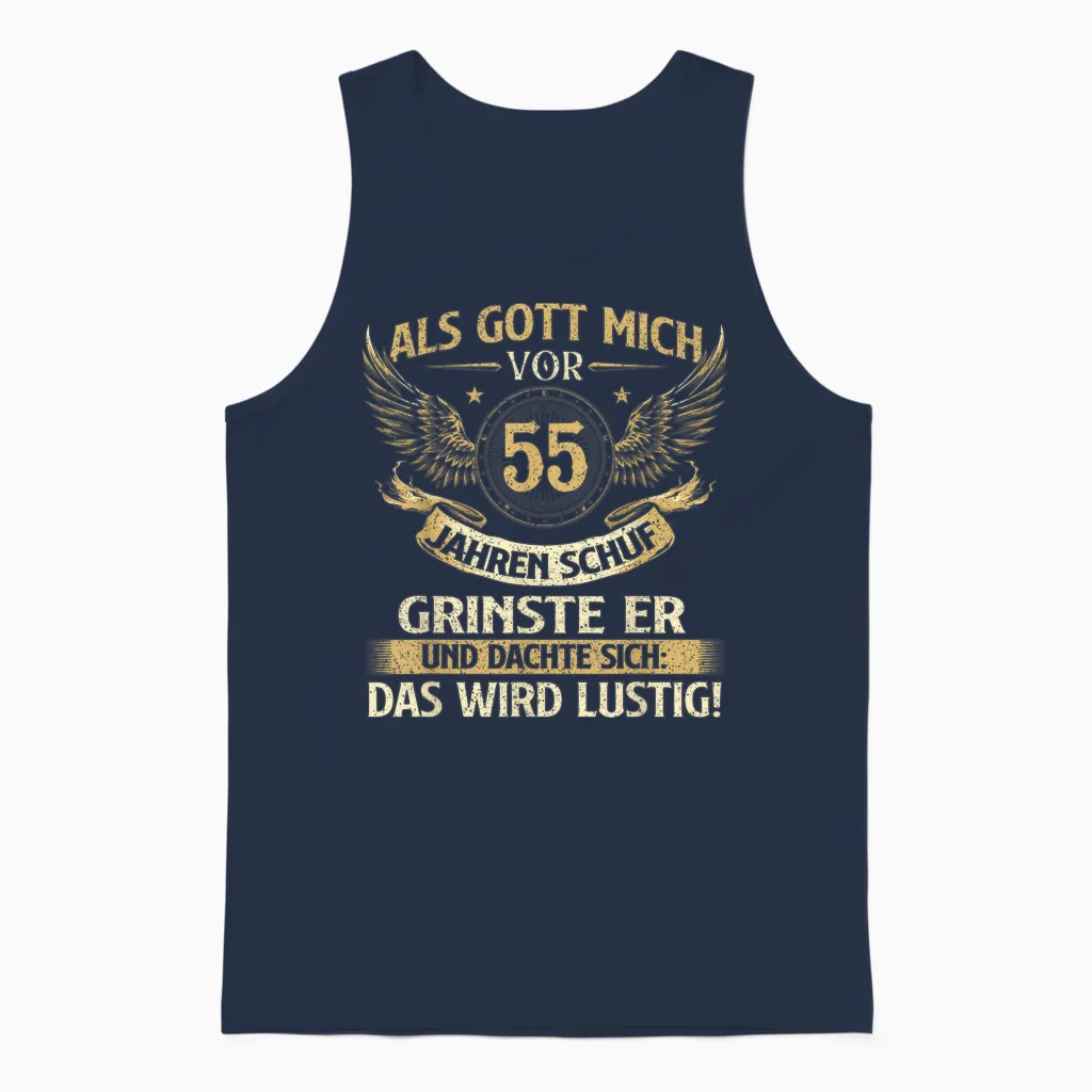 Funny "als Gott Mich Vor 55 Jahren Schuf" Birthday T-Shirt, Black Unisex Tank Top in Navy