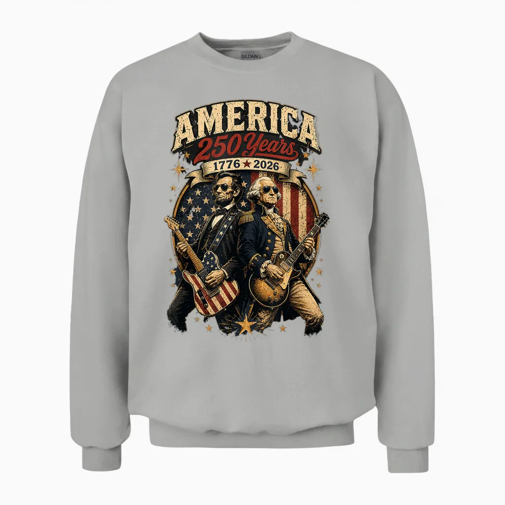 George Washington Abraham Lincoln Playing Guitar 4th July Unisex Sweatshirt in Ash