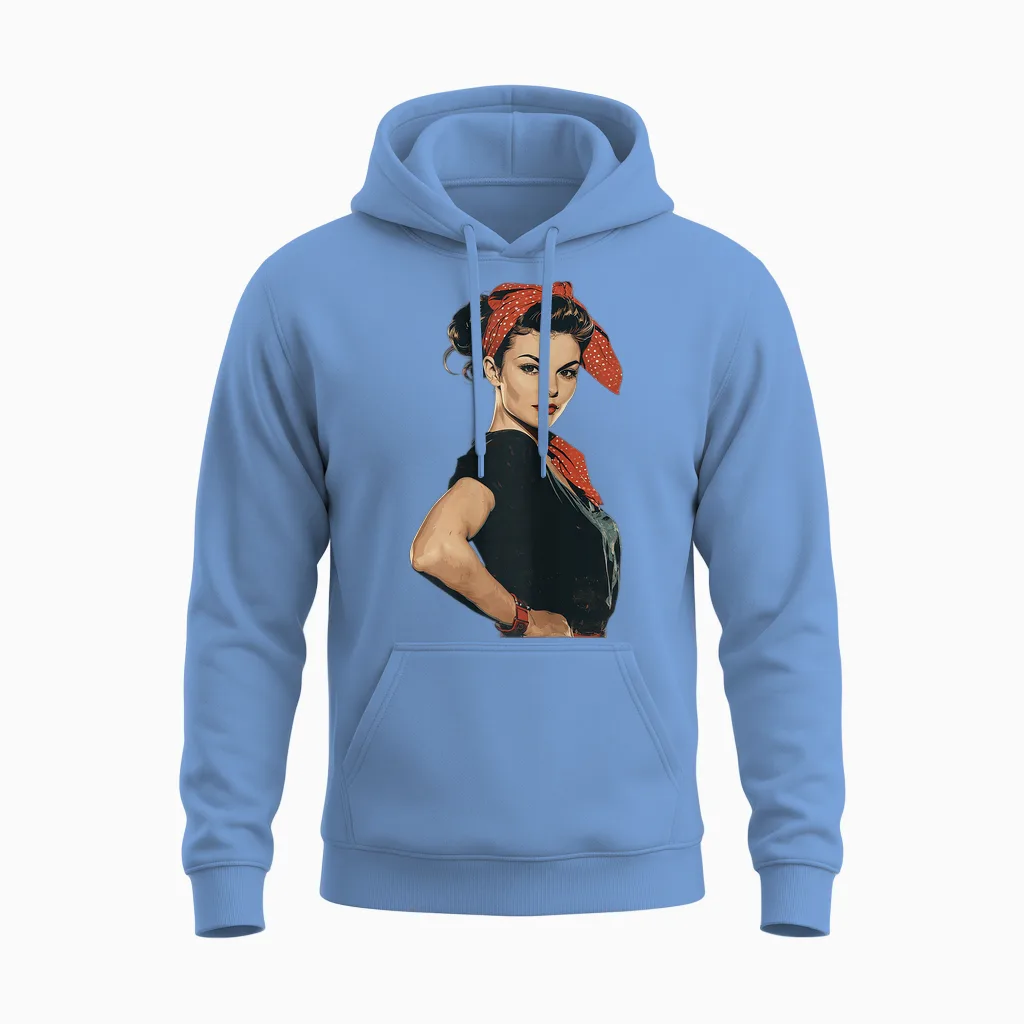 Retro Rosie Rockabilly T-Shirt, Black Unisex Hoodie in Carolina Blue