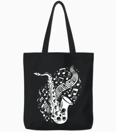 Saxophone with Flying Music Sheet Music Tote Bags - Black