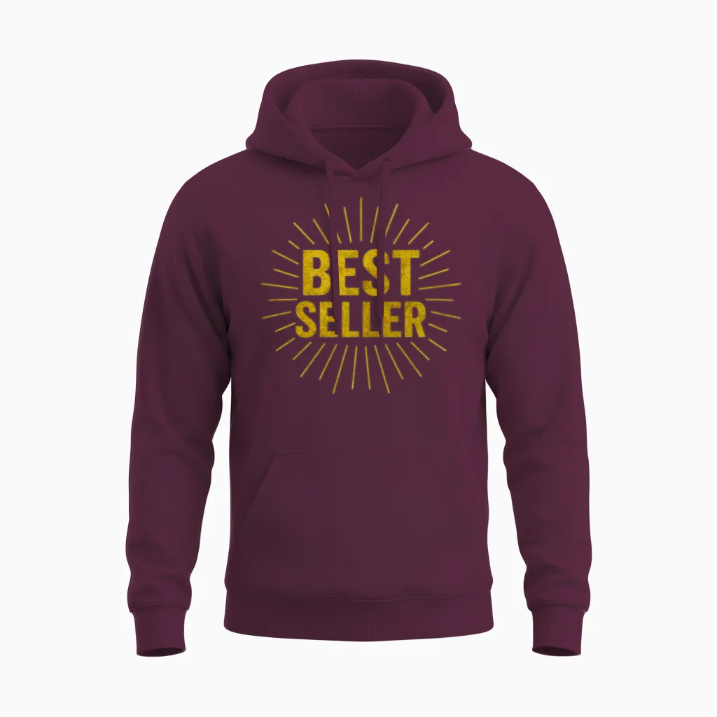 Gold Bestseller Burst Typography Unisex Hoodie in Maroon