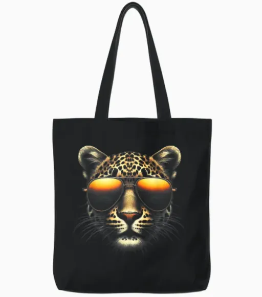 Leopard Face Wearing Sunglasses Tote Bags - Black