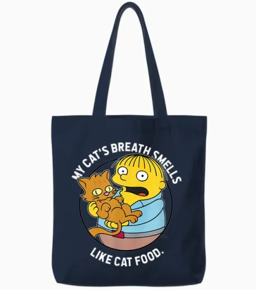 The Simpsons Ralph My Cat's Breath Smells Like Cat Food Tote Bags in Navy