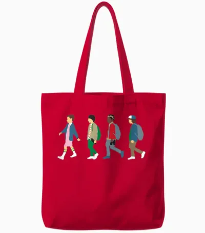 Stranger Things Eleven, Lucas, Mike & Dustin T-Shirt, Black Tote Bags - Red