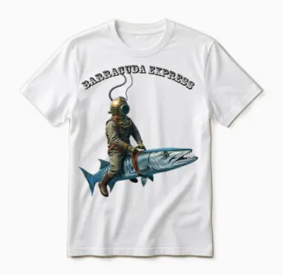 Vintage Helmet Diver Riding a Barracuda Fish Urm Unisex T-Shirt - White