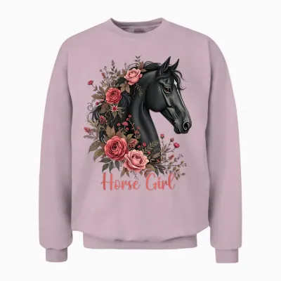 Black Horse Rappe Cute Motif Girls Stable and Riding Unisex Sweatshirt - Light Pink