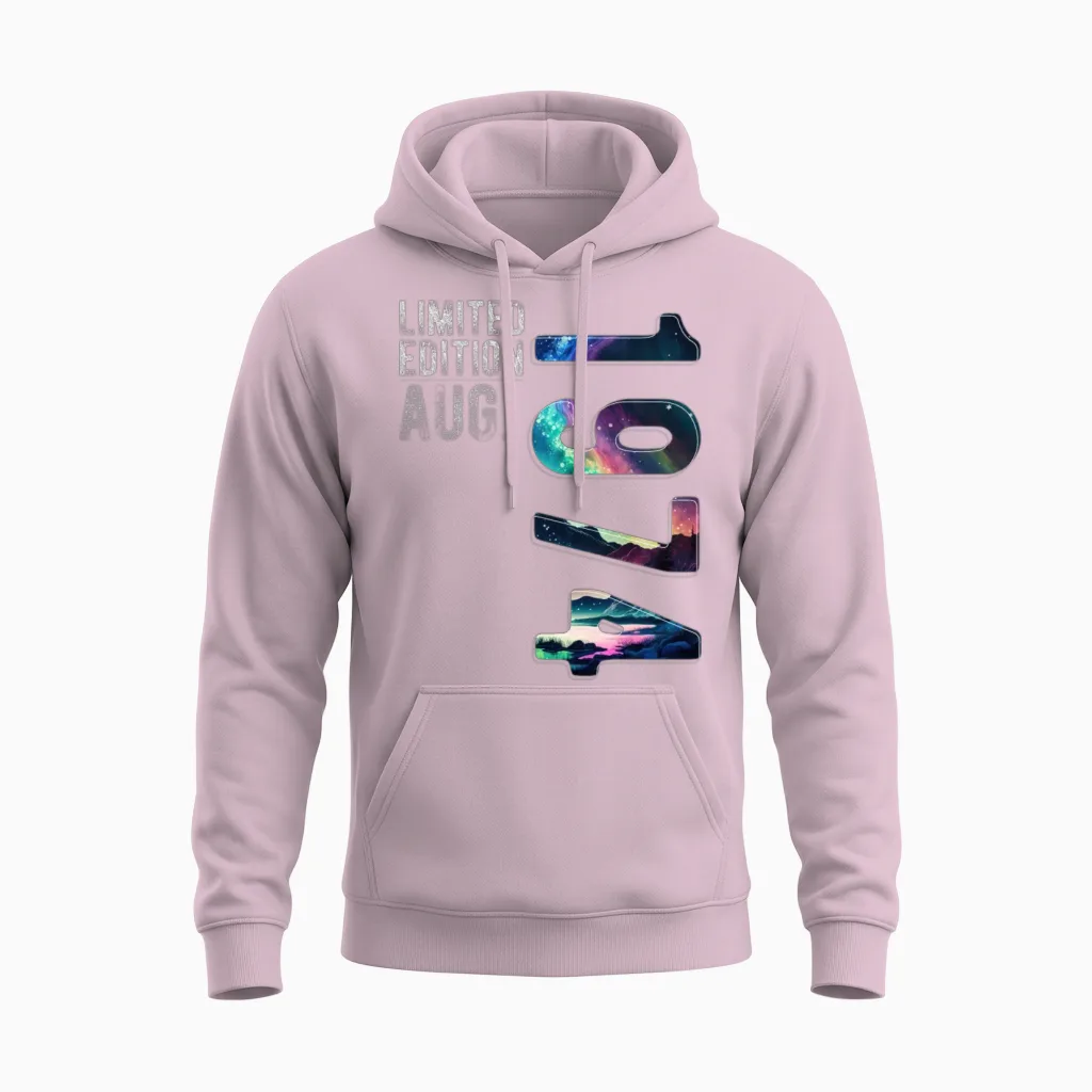 Limited Edition 1974 August Birthday Polar Lights Unisex Hoodie in Light Pink