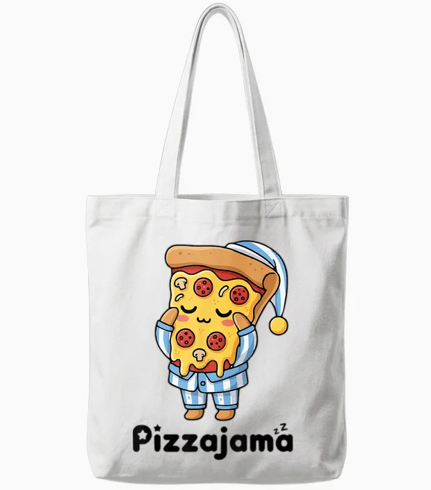 Pajamas Pizza Funny Cartoon Pizza Tote Bags in White