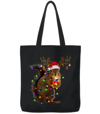 Funny Squirrel Christmas Reindeer Christmas Lights Tote Bags - Black