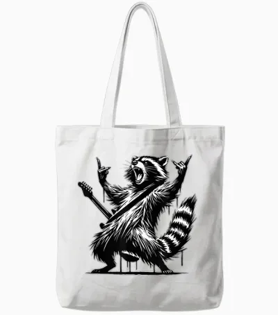 Raccoon Rock and Roll Rock&roll Raccoon Playing Guitar Rock & Roll Tote Bags - White