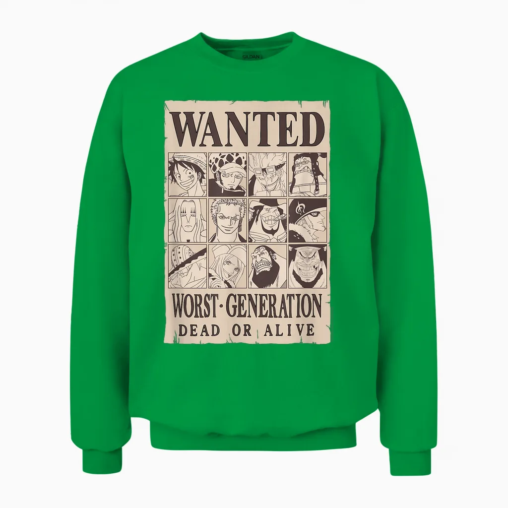 One Piece Anime Worst Generation Wanted Poster Collage Unisex Sweatshirt in Irish Green