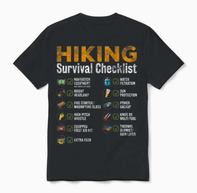 Hiking - Hiking Survival Checklist Unisex T-Shirt in Black