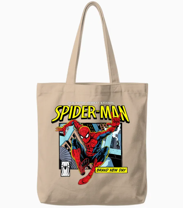 Marvel Studios Spider-Man Bnd Movie 2026 Rooftop Comic Panel Tote Bags in Natural