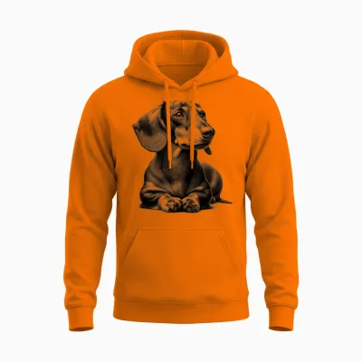 Super Cute Dachshund in Lying Pose as Cool Portrait T-Shirt, Gray Unisex Hoodie - Safety Orange