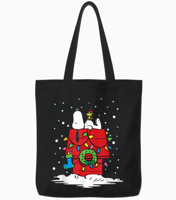 Peanuts Holiday Snoopy and Woodstock Stocking Tote Bags in Black