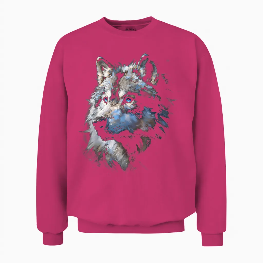 Alpha Wolf Dark Fantasy Art Graphic Blue Eyes Wolf Lovers T-Shirt, Black Unisex Sweatshirt in Heliconia
