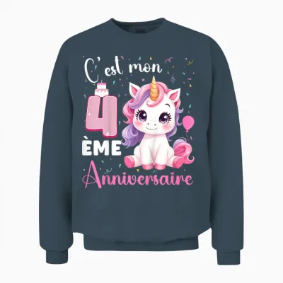 Enfant C'est Mon 4 ème Anniversaire Unicorn Birthday 4 Years T-Shirt, Black, 2 Unisex Sweatshirt - Dark Heather