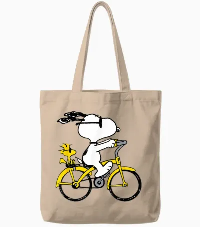 Snoopy & Woodstock Riding Bike Tote Bags - Natural