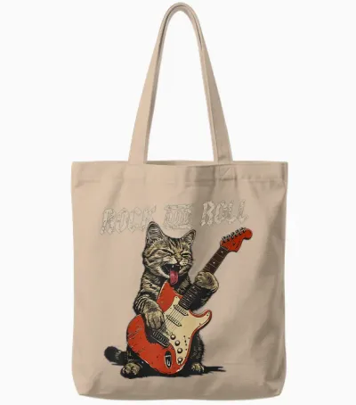 Rock and Roll Guitar Cat Vintage Rock Guitarist Cat Tote Bags - Natural