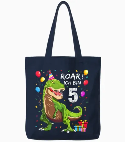 Children's Birthday Shirt 5 Years Boy Dinosaur Dino I Am 5 T-Shirt, Black Tote Bags - Navy