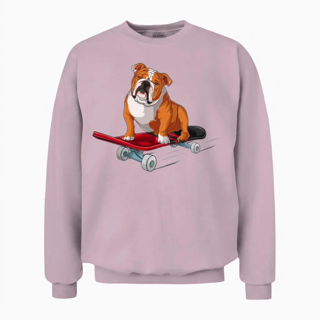 English Bulldog - English Bulldog on a Skateboard Unisex Sweatshirt in Light Pink