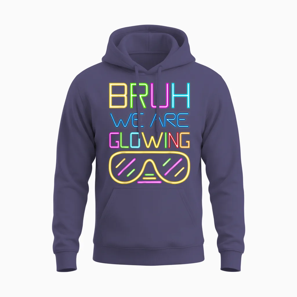 Retro Bruh We Are Glowing in My Glowing Era Colorful Unisex Hoodie in Heather Sport Dark Navy