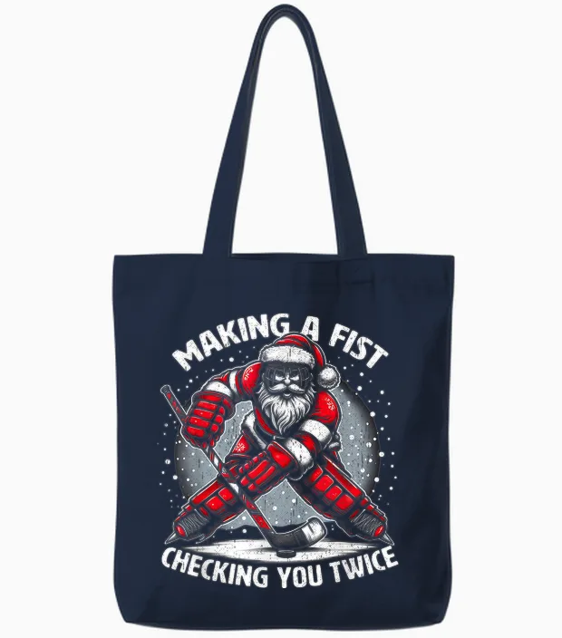 Making a Fist Checking You Twice Ugly Christmas Santa Hockey Tote Bags in Navy