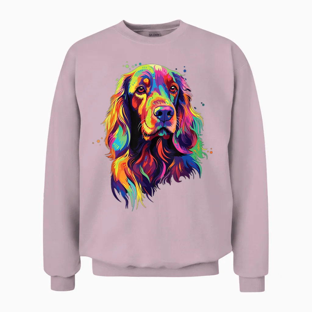 Watercolour Colourful Irish Setter Dog T-Shirt, Black Unisex Sweatshirt in Light Pink