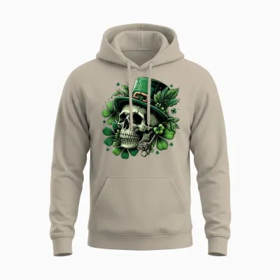Saint Patrick's Day Shamrock Skull T-Shirt Skeleton, Black Unisex Hoodie - Sand