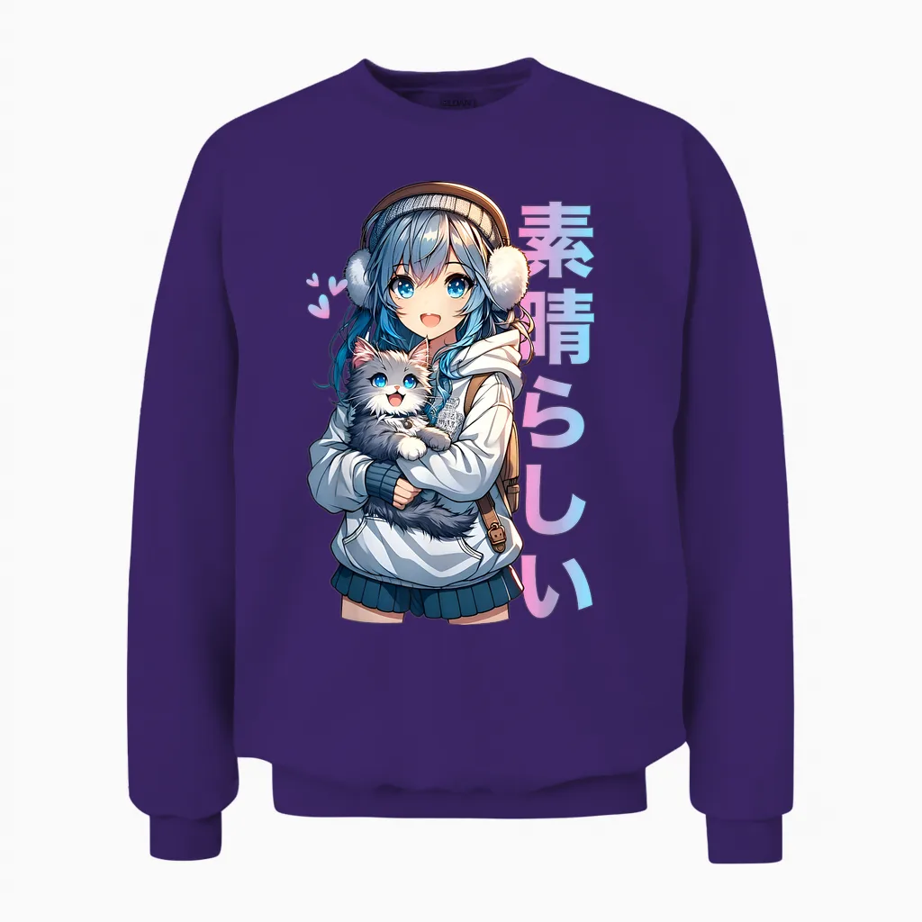 Cute Anime Girl with Cat for Cat Lover Kawaii Otaku Manga T-Shirt, Black Unisex Sweatshirt in Purple