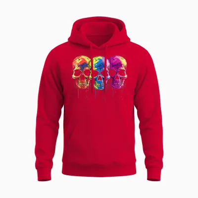 Skulls Colourful Teardrop 80s Retro Style Skull T-Shirt, Black Unisex Hoodie - Red