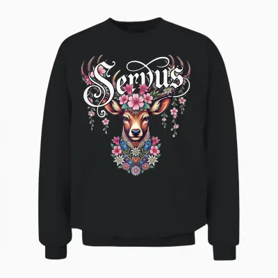 Trachtenshirt Damen Trachten T-Shirt Bayrisch Dirndl Servus Unisex Sweatshirt - Black