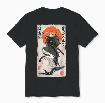 Epic Ninja Cat Riding Shark Funny Japanese Ukiyo-E Art Unisex T-Shirt - Black