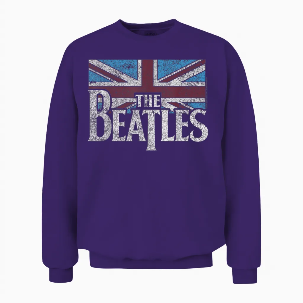 The Beatles British Flag Red, White, and Blue Short Sleeve Unisex Sweatshirt in Purple
