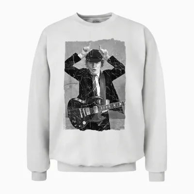 Ac/dc Rock Music Band Angus Young Distressed Photo T-Shirt, Black Unisex Sweatshirt - White