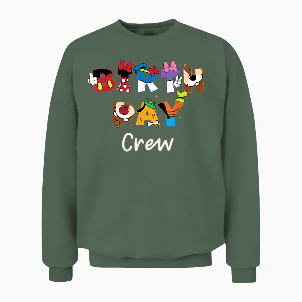 Disney "birthday Crew" Mickey Mouse and Friends Letters Unisex Sweatshirt in Military Green
