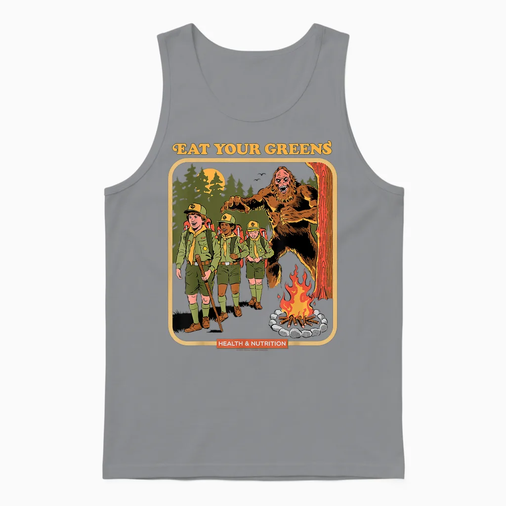 Eat Your Greens Bigfoot Sasquatch Retro Funny Adult Humor Unisex Tank Top in Sport Grey