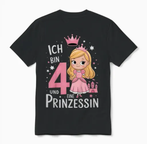 Kids 4th Birthday 4 Years Princess Birthday T-Shirt, Black Unisex T-Shirt - Black